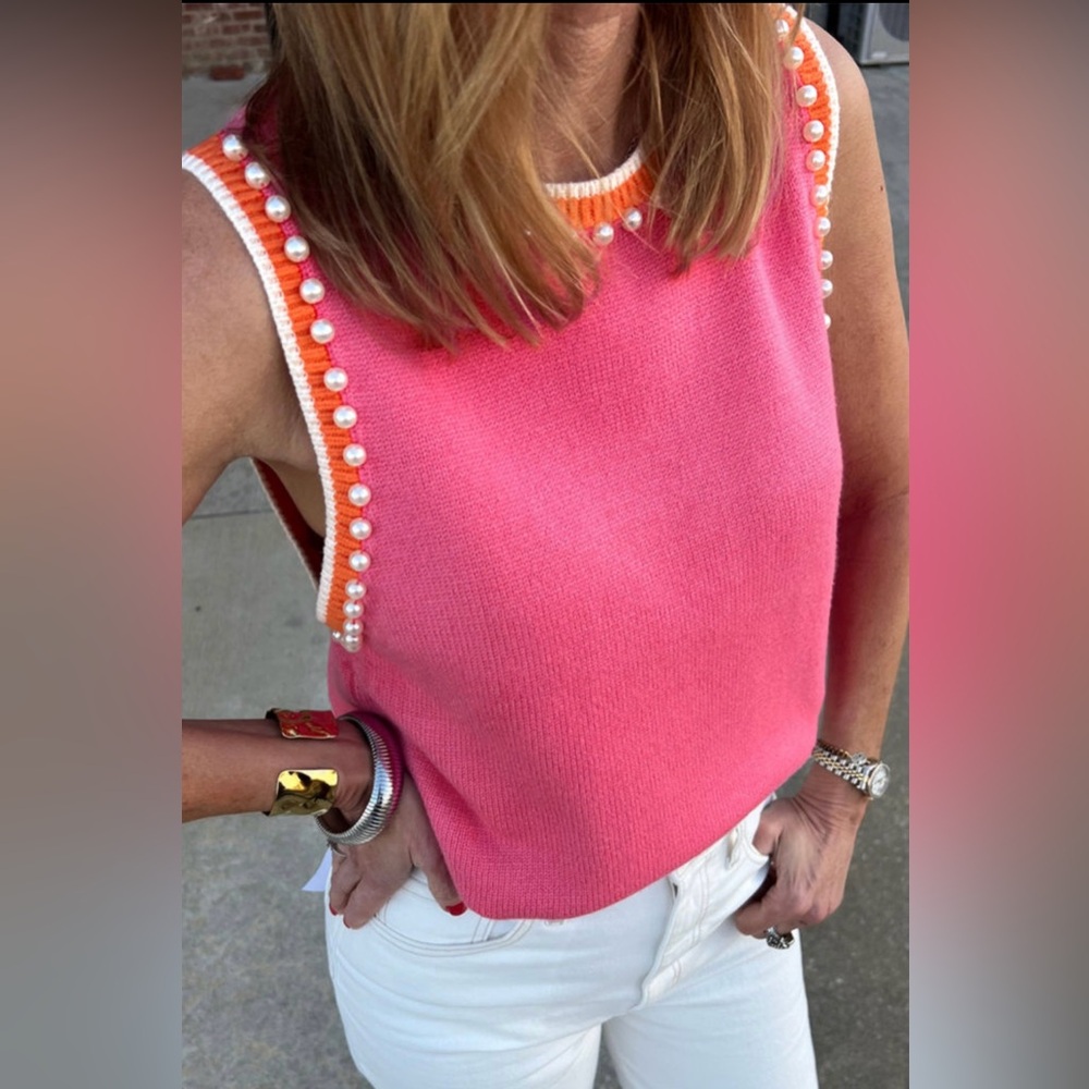 Billie- Pink and Orange Sleeveless Top with Pearl Detailing